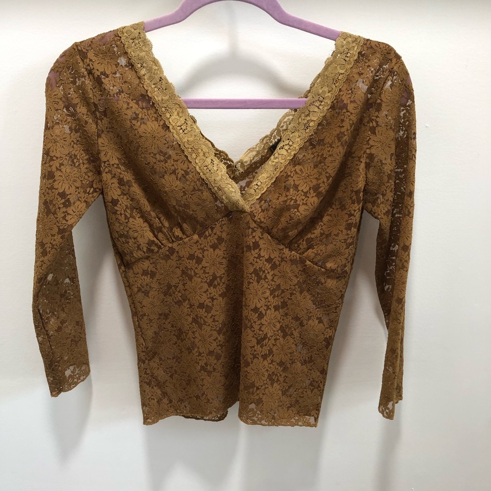 Lace V-Neck Long Sleeve Top - Mustard Brown